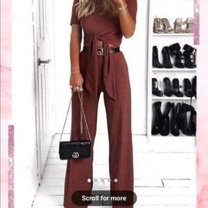 Miss Pap Rust Ribbed Short Sleeve Wide Leg High Rise Pants Co Ord Lounge Set
